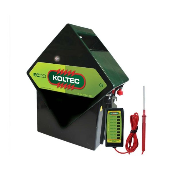 Výkonný univerzální elektrický ohradníkový napáječ Koltec EC20 s bateriovým napájením.