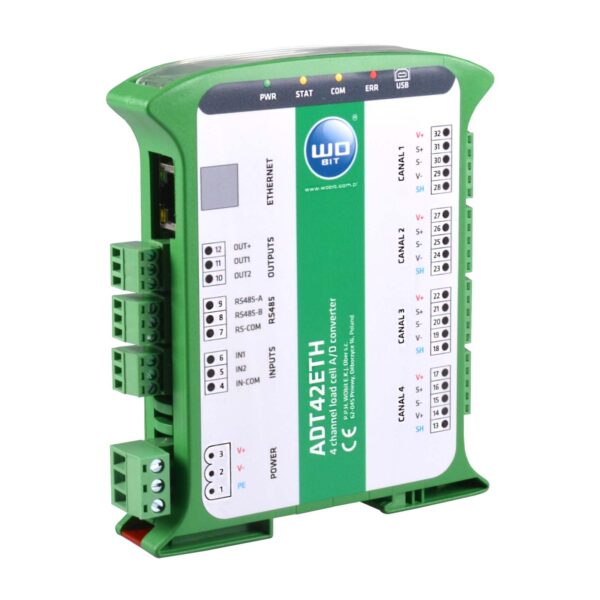 WObit ADT42-ETH signaalconditioner met Ethernet, USB en RS485 interface.
