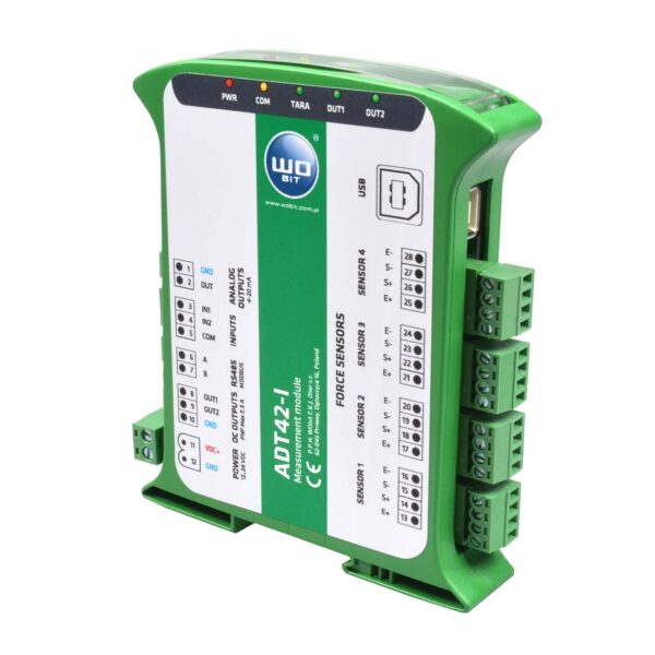 WObit ADT42-I est un conditionneur de signal universel pour 4 jauges de contrainte avec une sortie 4-20mA et un connecteur USB pour la configuration du transmetteur.