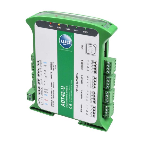 WObit ADT42-U er en universal signalbehandling for 4 strain gauges med 0-10V utgang og USB-kontakt for senderkonfigurasjon.