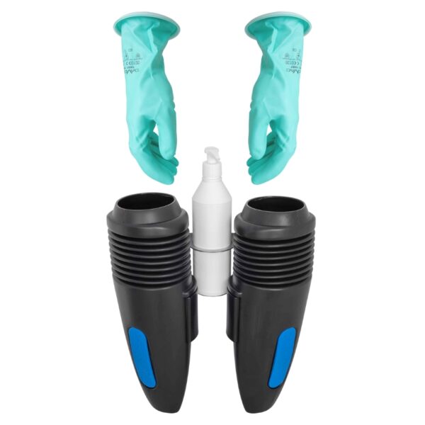 GloVac handschoenen en blauwe Vacuumizer set met ontsmettingsdispenser