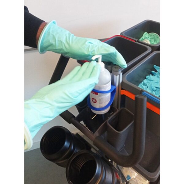 Gebruik van ontsmettingsdispenser met GloVac nitril handschoenen voor de Vacuumizer set