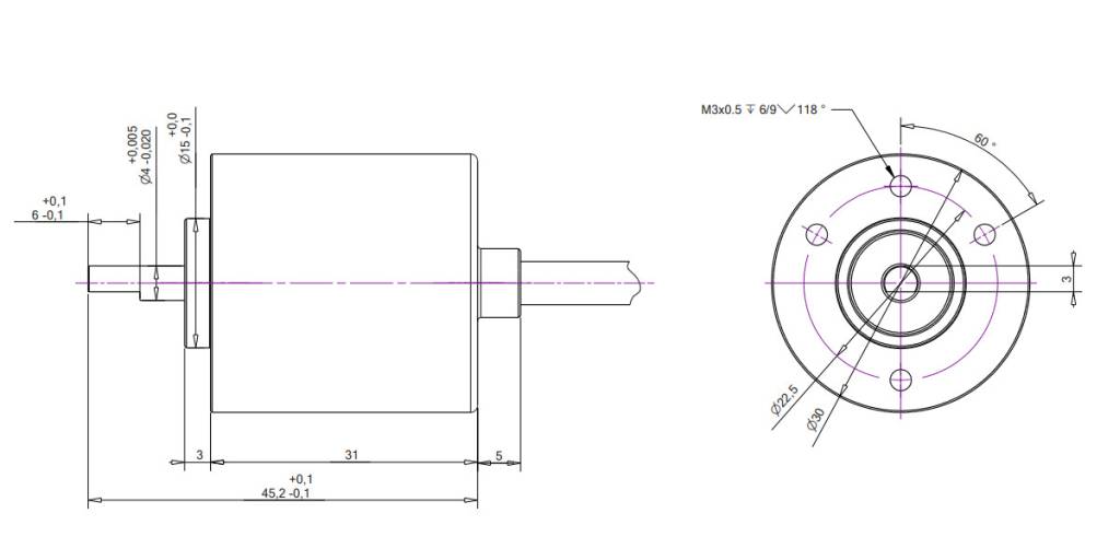 Medidas del encoder WObit MOK230 indicadas en el dibujo