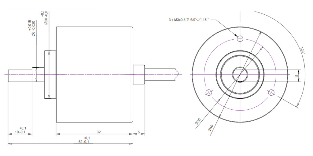 Medidas del encoder WObit MOK240 indicadas en el dibujo