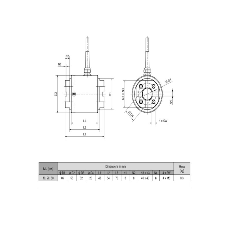 Ilustración del sensor de par de aluminio Emsyst EMS300 10 Nm 20 Nm 50 Nm