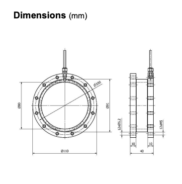 Ilustración de las dimensiones del sensor de par EMSYST EMS310