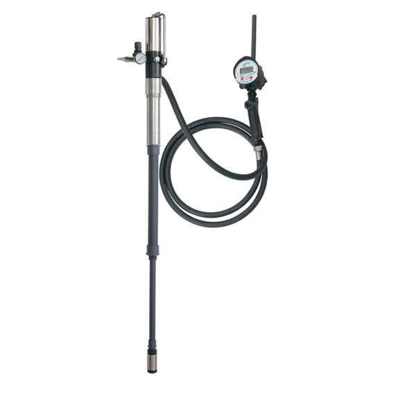 Stainless steel AdBlue® transfer system: air-operated pump (1:1 ratio), electronic flow meter, delivers 15l/min at 2-8 bar pressure via 16mm outlet.