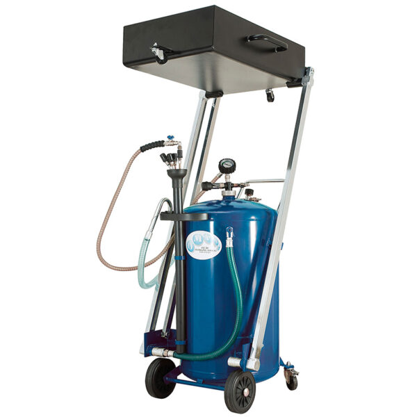Compact Mobile Waste Oil Drainer 115L with Wheels and Steel Bowl 50L. Includes Anti-Splash Grid, Gauge, Hose, and Probes.