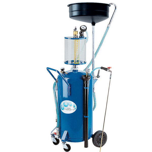 Mobile waste oil drainer & suction unit, 80L capacity, pneumatic discharge, with wheels & castors, 10L steel bowl, inspection chamber, hose, probes, adapters.