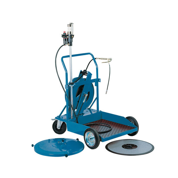 "Kit di ingrassaggio pneumatico mobile per fusti da 180 kg su carrello per impieghi gravosi. Pressione massima 400 bar, erogazione 2400 g/min. Dimensioni: 900x1030x1400mm".