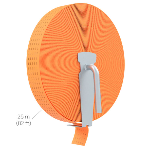 Dynello Strap Winder, manual strap winder designed for 5-tonne lashing straps, 50mm wide, length 25m, in use, with strap, full roll