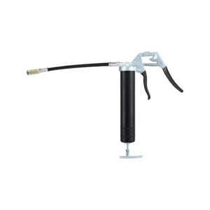 Pistola de lubrificação profissional de uma mão para massa lubrificante a granel e cartuchos, com mangueira flexível e acoplador hidráulico.