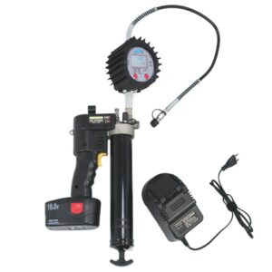 Ompi ingrassatore elettrico 18 VDC con flussometro, ideale per una lubrificazione efficiente e per le attività di manutenzione.