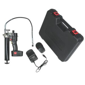 Ompi Pistola engrasadora eléctrica con pilas de 18 V CC, ideal para grasa a granel y cartuchos, incluye manguera de salida flexible.