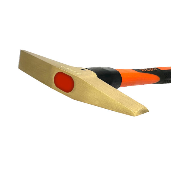 Brass scaling hammer with a fiberglass handle, designed for durability and comfort in professional applications.