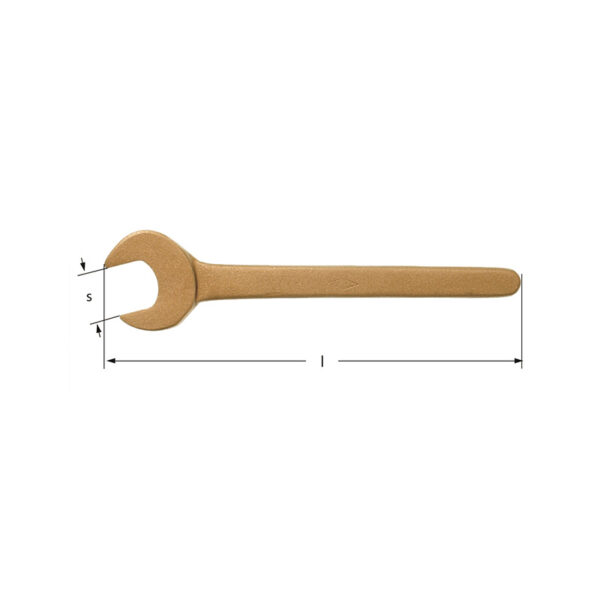 AMPCO non-sparking single open-end wrench for safe use in explosive environments and sensitive magnetic applications.