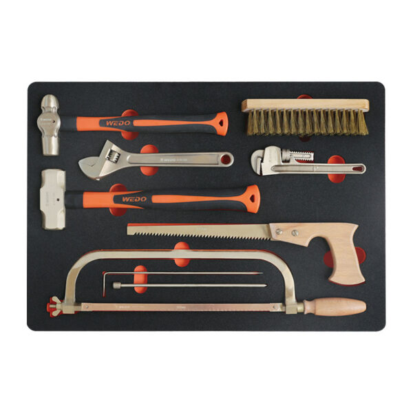 Ensemble d’outils anti-étincelles WEDO 40 pièces, certifié BAM ATEX, fabriqué à partir de cuivre au béryllium durable pour la sécurité et la qualité.