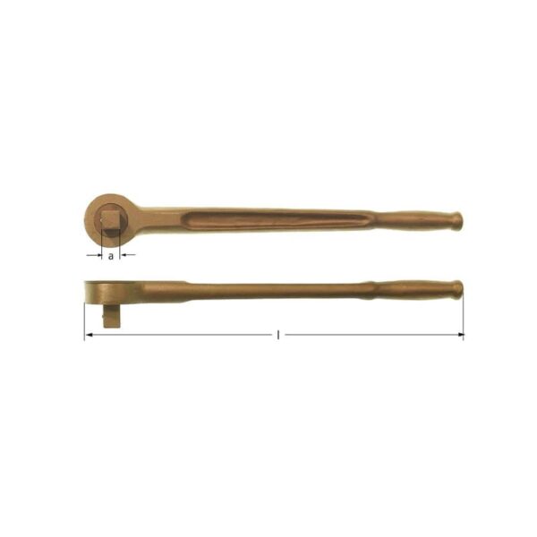 AMPCO 1/4" ratelsleutel, vonkvrij en niet-magnetisch, ideaal voor gevaarlijke omgevingen en gevoelige apparatuur.