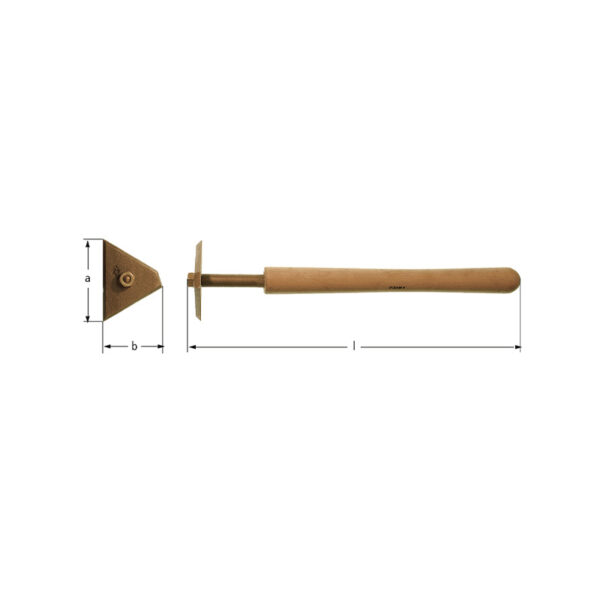 Raspador triangular de placas AMPCO, sem faíscas e não magnético, ideal para uso seguro em ambientes explosivos.