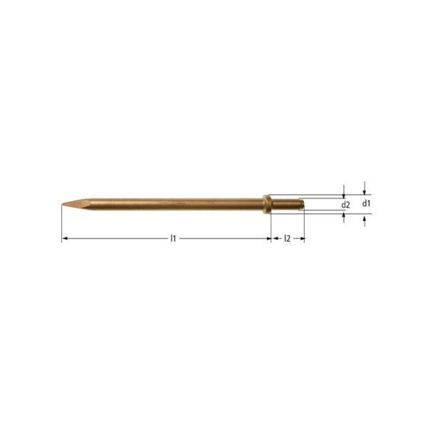 AMPCO non-sparking pointed end pneumatic chisel, ideal for safe use in explosive environments and sensitive equipment.