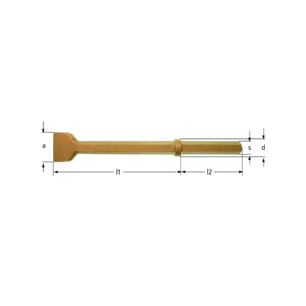 Cinzel pneumático de extremidade plana sem faísca AMPCO feito de liga BeCu, ideal para ambientes perigosos e equipamentos sensíveis.