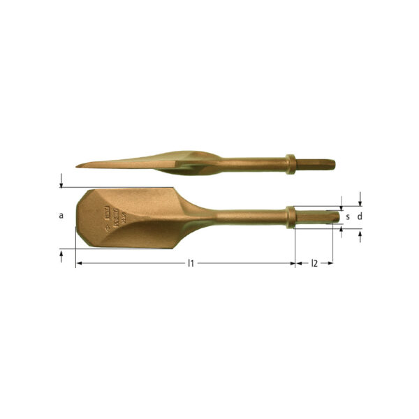 AMPCO non-sparking spade end pneumatic chisel made from BeCu alloy, ideal for hazardous environments and sensitive equipment.