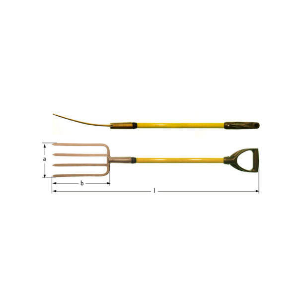 Garfo de jardim sem faísca AMPCO e garfo de pá feito de ligas BeCu, ideal para ambientes perigosos e equipamentos sensíveis.