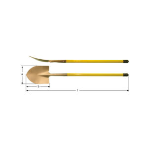 AMPCO non-sparking round point shovel with straight handle, ideal for hazardous environments and sensitive equipment.