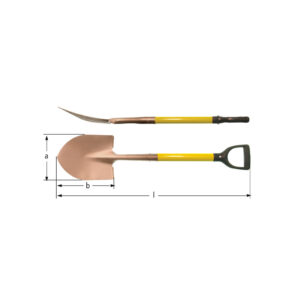 AMPCO non-sparking round point shovel with D-handle, ideal for hazardous environments and sensitive equipment.
