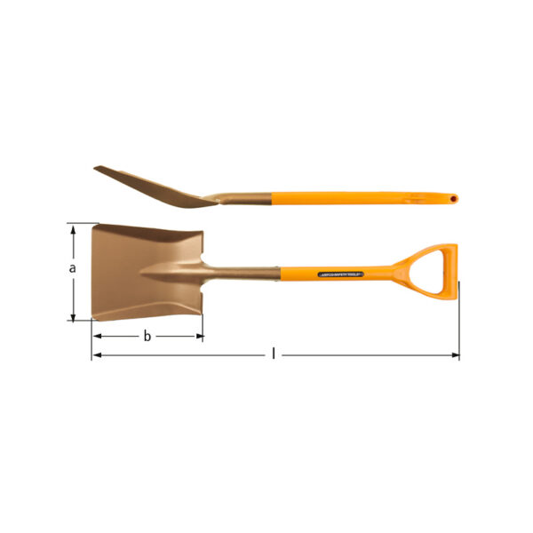 AMPCO Safety Tools kézi lapát D-fogantyúval, szikramentes és nem mágneses, ideális veszélyes környezetekhez.