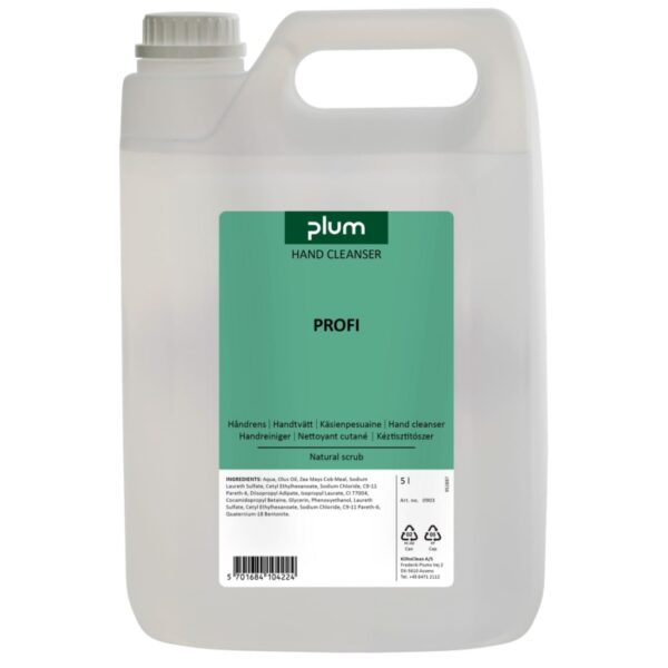 Plum Profi 5.0 l кана, индустриален препарат за почистване на ръце за твърди замърсявания от масло, сажди, каучук и метал на различни работни места.