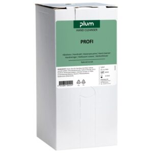 Plum Profi 1400 ml bag-in-box limpador de mãos para remoção eficaz de óleo, fuligem, borracha e sujeira de metal em ambientes industriais.