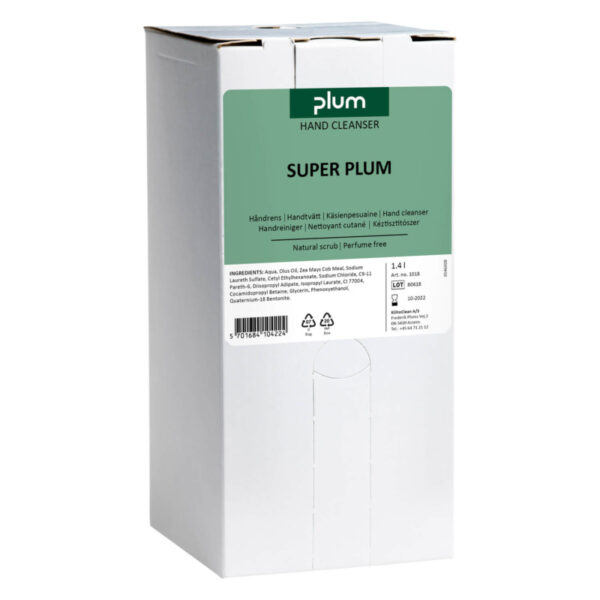 Plum Süper Plum 1400 ml kutu içi torba, yağ lekelerinin ve kirlerin etkili bir şekilde çıkarılması için solvent içermeyen el temizleyicisi.
