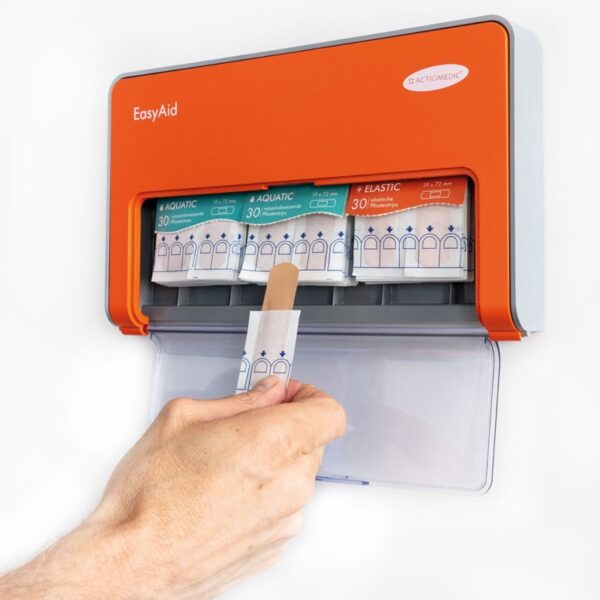 Distributeur EasyAid Standard I pour pansements, doté d’une utilisation hygiénique d’une seule main et d’un système de recharge Kanban intelligent.