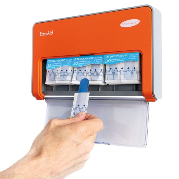 Hijyenik tasarımlı yara sıvaları için EasyAid DETECT dispenseri, 3 sıva tipine sahiptir, 60 DETECT AQUATIC ve 30 ELASTIC içerir.