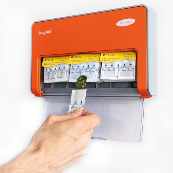 EasyAid KIDS dispenser voor wondpleisters met kleurrijke junglepatronen, hygiënisch en waterafstotend ontwerp.