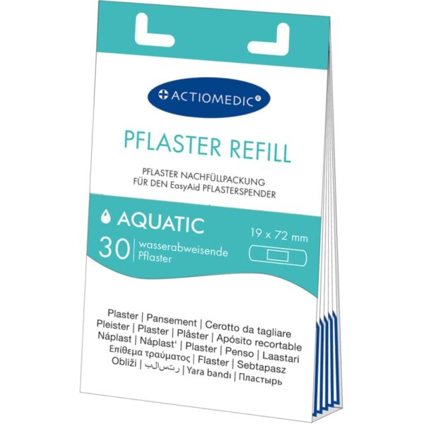 AQUATIC vanntett sårplasterpåfyllingssett med 30 hypoallergene plaster, ideelt for EasyAid-dispenserbruk.