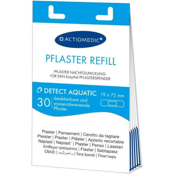 Kit di ricarica per cerotti per ferite EasyAid DETECT AQUATIC con 30 cerotti impermeabili, ipoallergenici e rilevabili per la sicurezza.