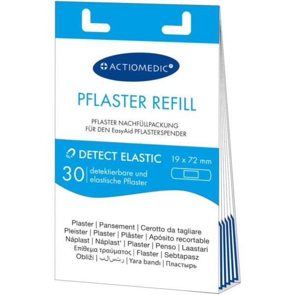EasyAid DETECT ELASTIC sada pro doplňování ran s 30 hypoalergenními, detekovatelnými náplastmi pro efektivní péči o rány.