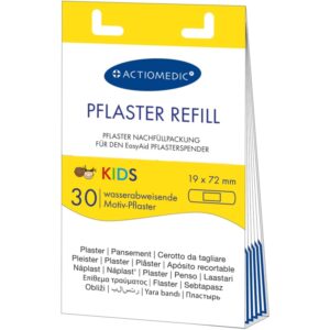 EasyAid KIDS -haavalaastarin täyttöpakkaus, jossa on 30 vettä hylkivää, hypoallergeenista laastaria eloisissa viidakkokuvioissa.