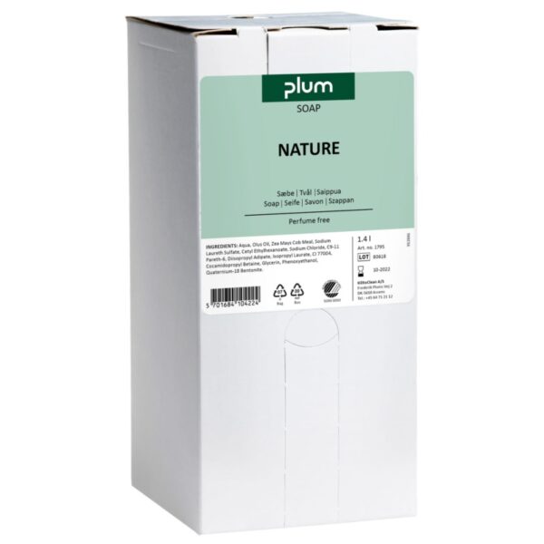 Környezetbarát Plum Nature 1400 ml bag-in-box krémszappan, gyengéd a bőrhöz, illatanyagmentes, parabénmentes, ideális érzékeny bőrre.