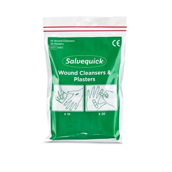 Salvequick sårrengöring och plåster kit för effektiv vård av mindre sår, med våtservetter och flexibla plåster.