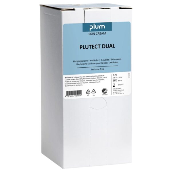 Plum Plutect Dual 700 ml bag-in-box offers long-lasting skin protection against water and oil-based products.