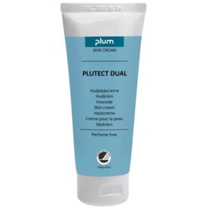 Plum O tubo Plutect Dual de 100 ml oferece uma proteção duradoura da pele contra produtos à base de água e óleo, fórmula ecológica.