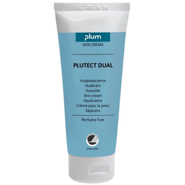 Plum Plutect Dual tube van 100 ml biedt langdurige huidbescherming tegen producten op water- en oliebasis, milieuvriendelijke formule.