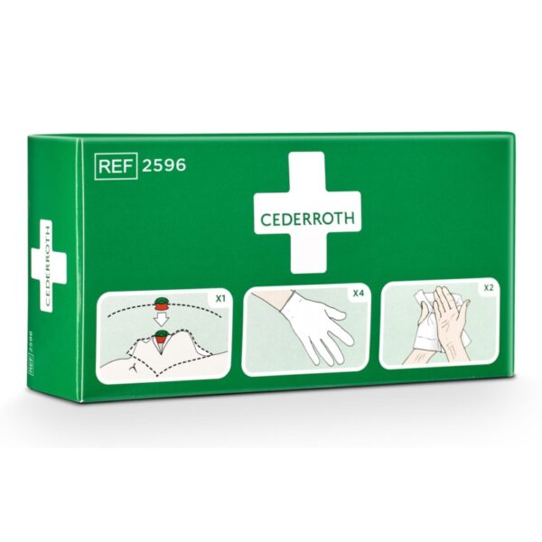 Le kit de protection pour une réanimation bouche-à-bouche en toute sécurité, comprend un masque, des gants et des désinfectants pour une hygiène optimale.