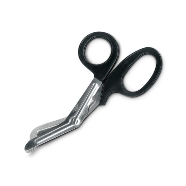 Tijeras para vendajes de acero inoxidable con mango de plástico, diseñadas para un uso seguro y fácil en caso de emergencia, tamaño 190 mm.