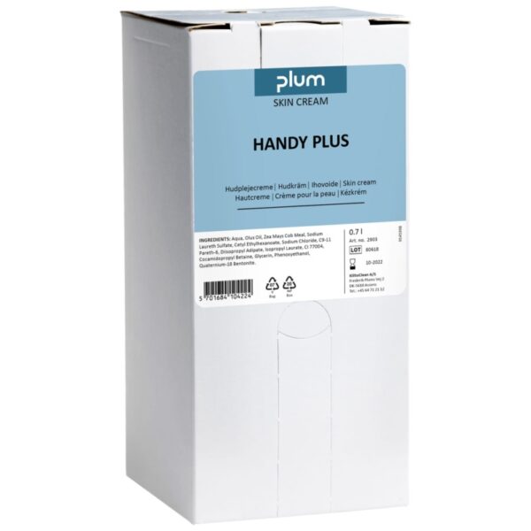 Plum Handy Plus 700 ml bag-in-box, cremă hrănitoare de îngrijire pentru pielea normală, protejează și regenerează mâinile.