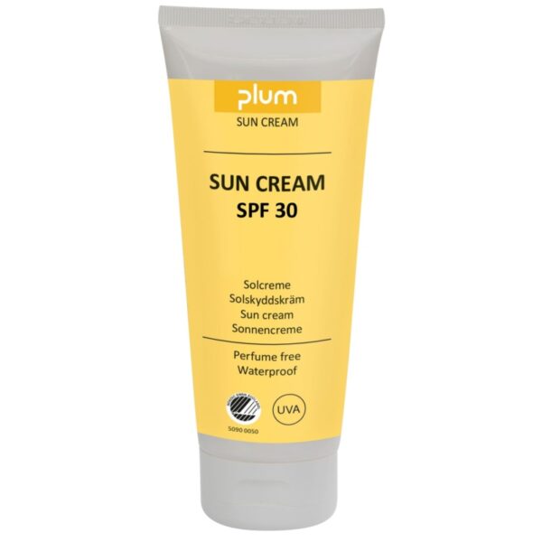 Plum Zonnecrème SPF 30 in een tube van 200 ml biedt geurvrije UVA- en UVB-bescherming, ideaal voor gebruik buitenshuis.