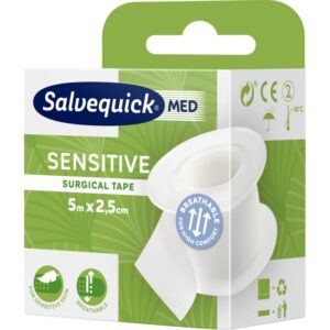 Хирургическа лента Salvequick, 2,5 см х 5 м, бяла, идеална за чувствителна кожа, дишаща, идеална за грижа за рани и превръзки.